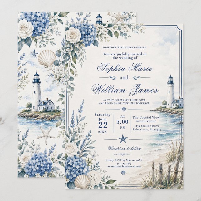 Convite de Casamento de Farol Costeiro (Frente/Verso)