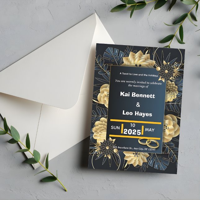 Convite de Casamento de Férias Naval Floral Dourad (Elegant Gold Floral Navy Holiday Wedding Invite)