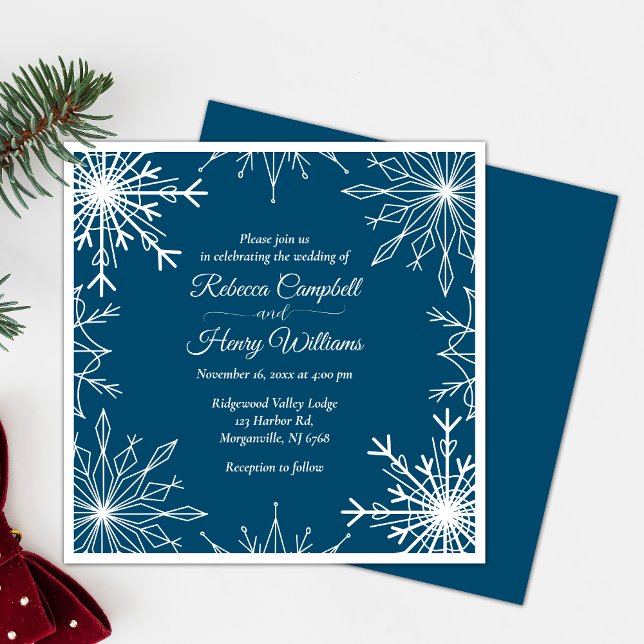 Convite De Casamento De Flocos De Neve Azul Elegan (Celebrate love with our elegant winter wedding invitation, spreading joy to all invited.)