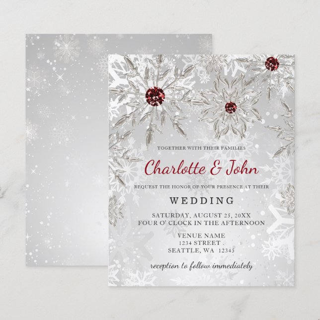 Convite De Casamento De Flocos De Neve Vermelhos D (Frente/Verso)