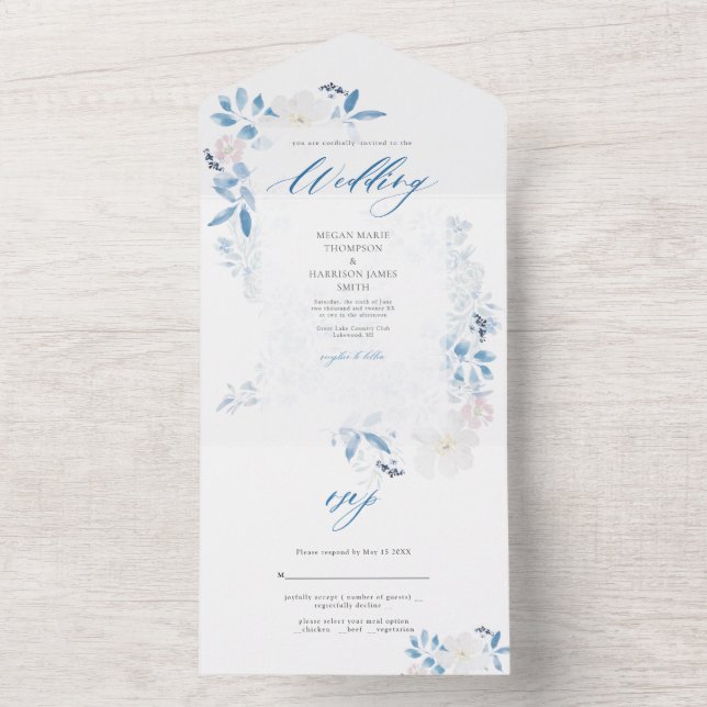 Convite De Casamento De Flor Azul De Aquarela (Interno)