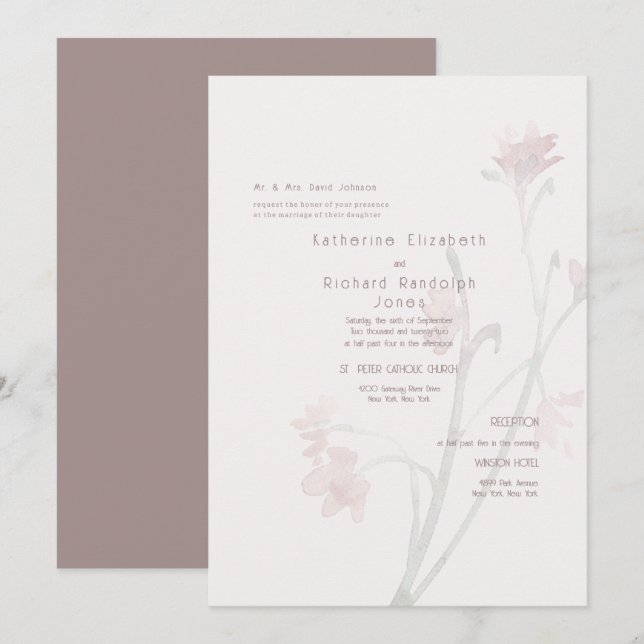 Convite de Casamento de Flor Silvestre Rosa Empoei (Frente/Verso)