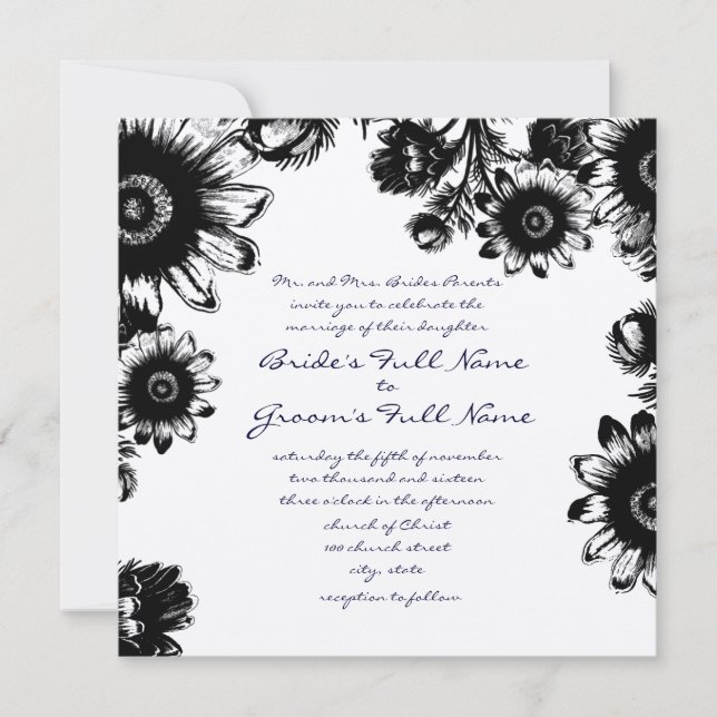 Convite de Casamento de Flor Vintage Preto (Frente)