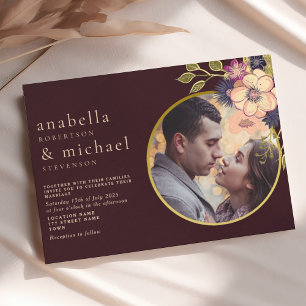 Convite de Casamento de Floral Burgundy Romântico 