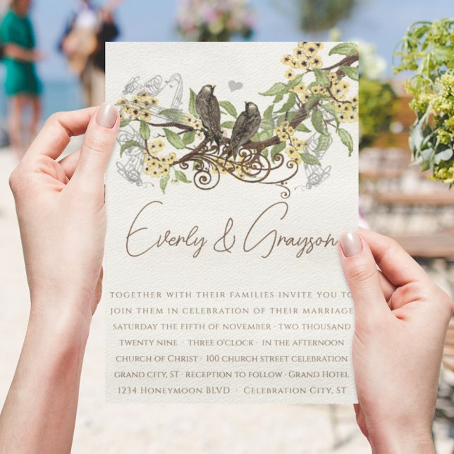 Convite de Casamento de Flores Amarelas e Pássaros (Criador carregado)