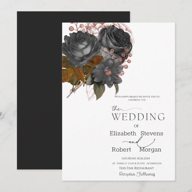 Convite de Casamento de Flores Pretas Elegantes (Frente/Verso)