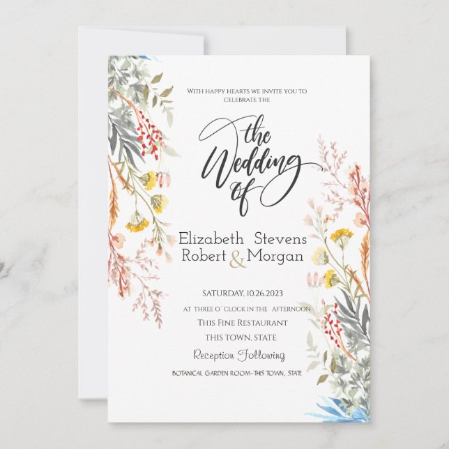 Convite de Casamento de Flores Silvestres Aquarela (Frente)