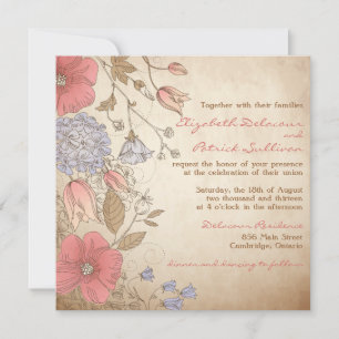 Convite de Casamento de Flores Vermelhas e Roxas V