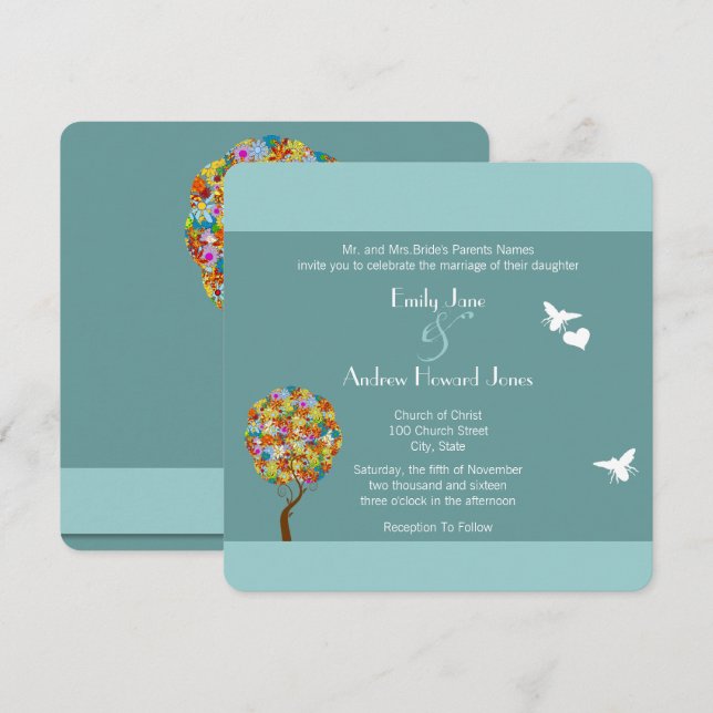 Convite de casamento de fole de abelha azul (Frente/Verso)