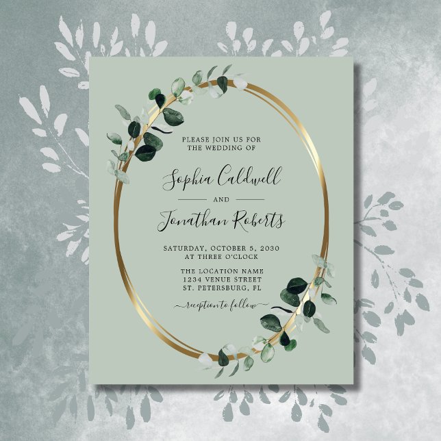 Convite de casamento de Folha de Ouro do Eucalyptu (Budget Eucalyptus Sage Gold Foil Wedding Invitation)