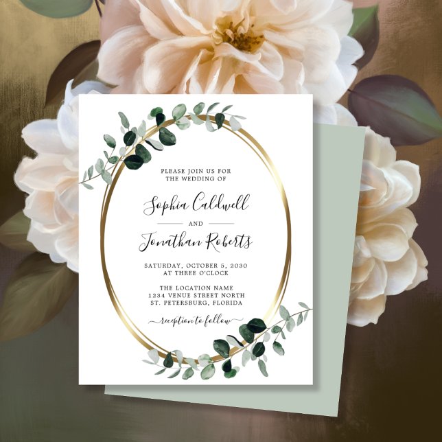 Convite de casamento de Folha de Ouro do Eucalyptu (Budget Eucalyptus Gold Oval Wedding Invitation ScriptNames WhiteSage)