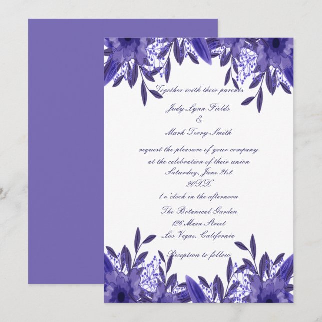 Convite De Casamento De Folhagem Azul Roxo (Frente/Verso)