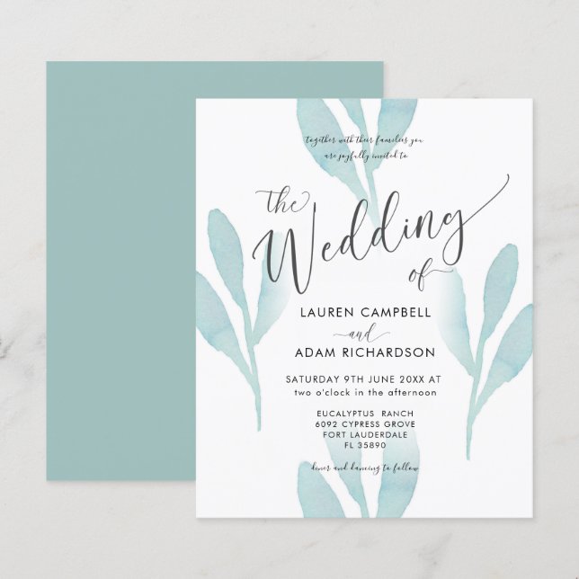 Convite De Casamento De Folhagem De Cor De Água Do (Frente/Verso)
