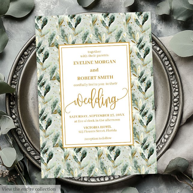 Convite de casamento de Folhagem Dourada Verde do  (Formal Hunter Green Gold Foliage Wedding Invitation)