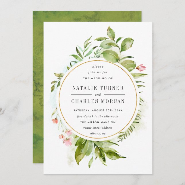 Convite De Casamento De Folhagem Verde Floral Por  (Frente/Verso)