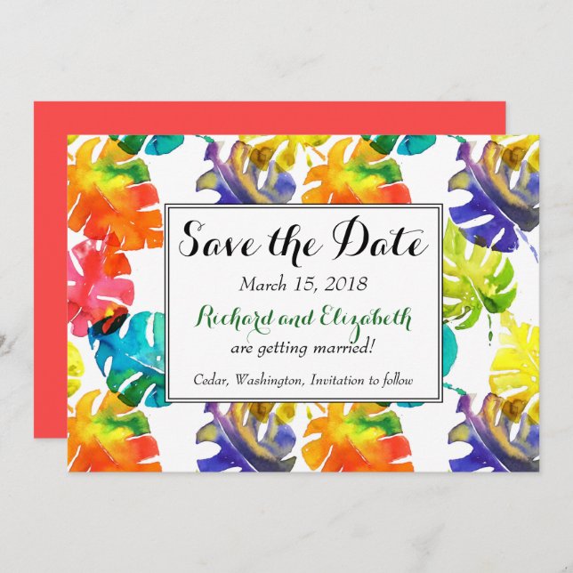 Convite de casamento de folhas tropicais em aquare (Frente/Verso)