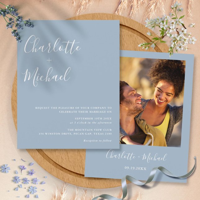 Convite De Casamento De Foto Azul Dusty De Script  (Budget Script Dusty Blue Photo Wedding Invitation)