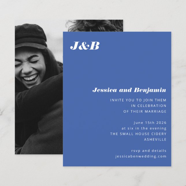 Convite de Casamento de Foto Azul Monograma de Orç (Frente/Verso)