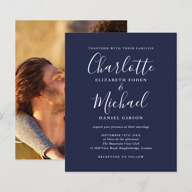 Convite de casamento de foto com script azul marin (Frente/Verso)