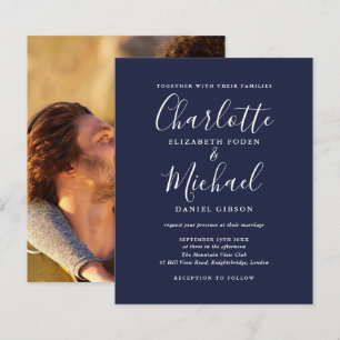 Convite de casamento de foto com script azul marin