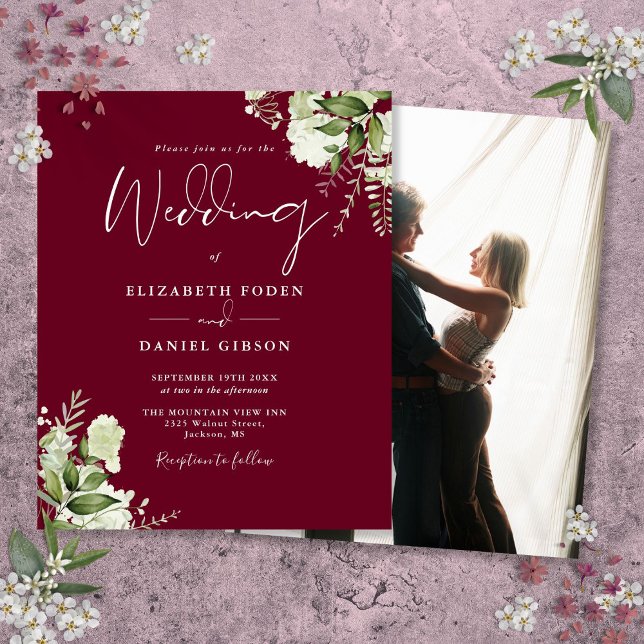 Convite De Casamento De Foto Da Folhagem De Orçame (Budget Foliage Burgundy Photo Wedding Invitation)