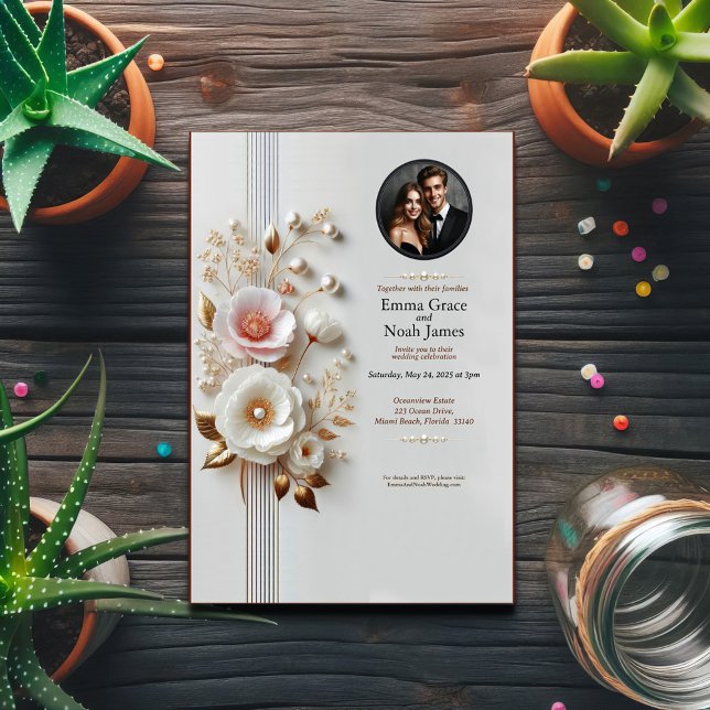 Convite De Casamento De Foto Floral Branca Elegant (Criador carregado)