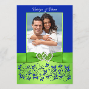 Convite de casamento de FOTO Floral Verde e Azul