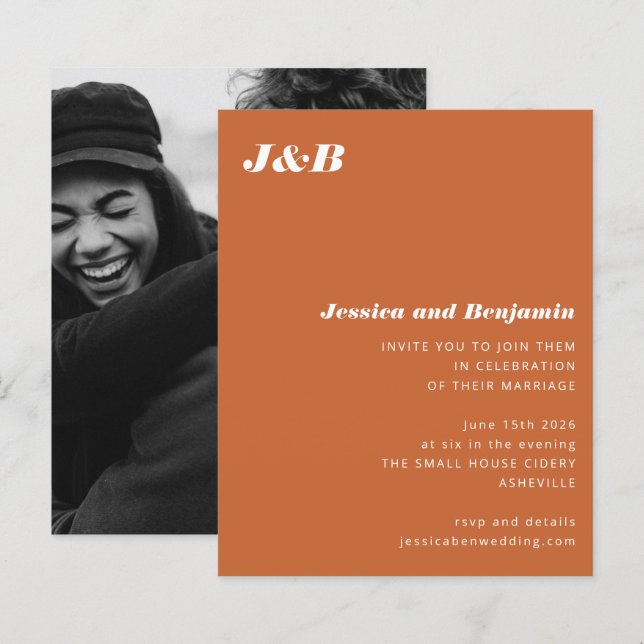 Convite de Casamento de Foto Laranja de Monograma  (Frente/Verso)