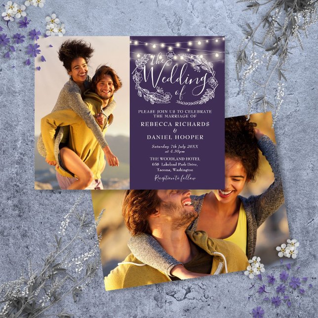Convite de casamento de Fotografia das Luzes de Ca (Budget Purple String Lights 2 Photo Wedding Invite)