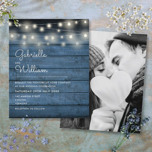 Convite de casamento de Fotografia das Luzes de Ca (Budget Rustic String Lights Photo Wedding Invite)