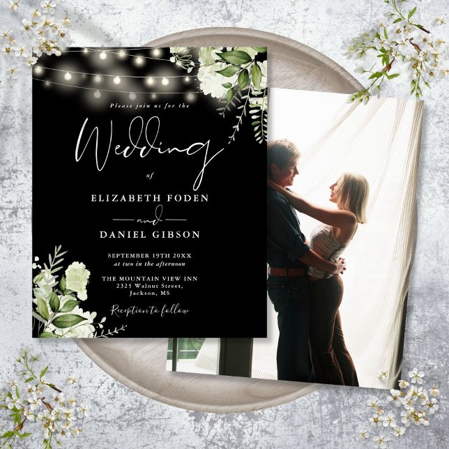 Convite de casamento De Fotografia Floral Branco E (Budget Black And White Floral Photo Wedding Invite)