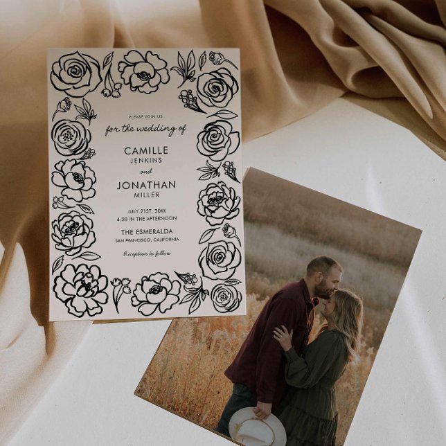 Convite De Casamento De Fotos Floral Desenhada Pel (Whimsical Hand Drawn Wedding Invitation)