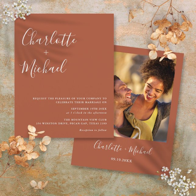 Convite De Casamento De Fotos Terracotta De Script (Budget Script Terracotta Photo Wedding Invitation)