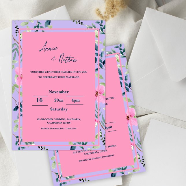 Convite De Casamento De Frame Floral Púrpura, Quad (Chic Pink Purple Floral Frame Wedding Invitation)