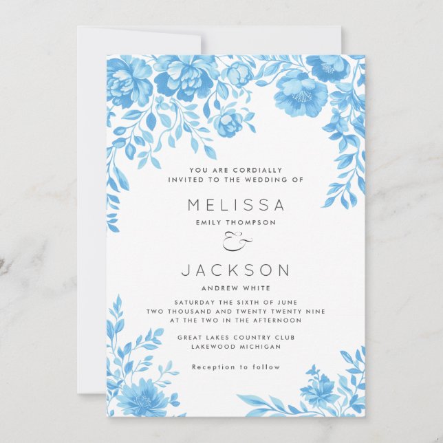 Convite De Casamento De Fronteira Floral Azul Clar (Frente)