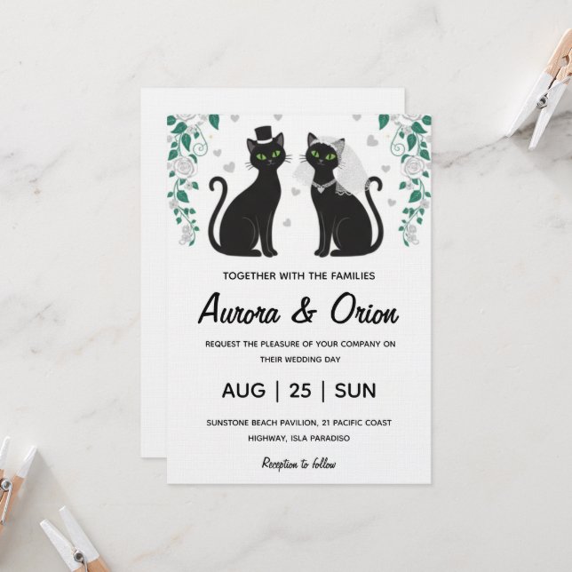 Convite de casamento de gato preto elegante (Frente/Verso In Situ)