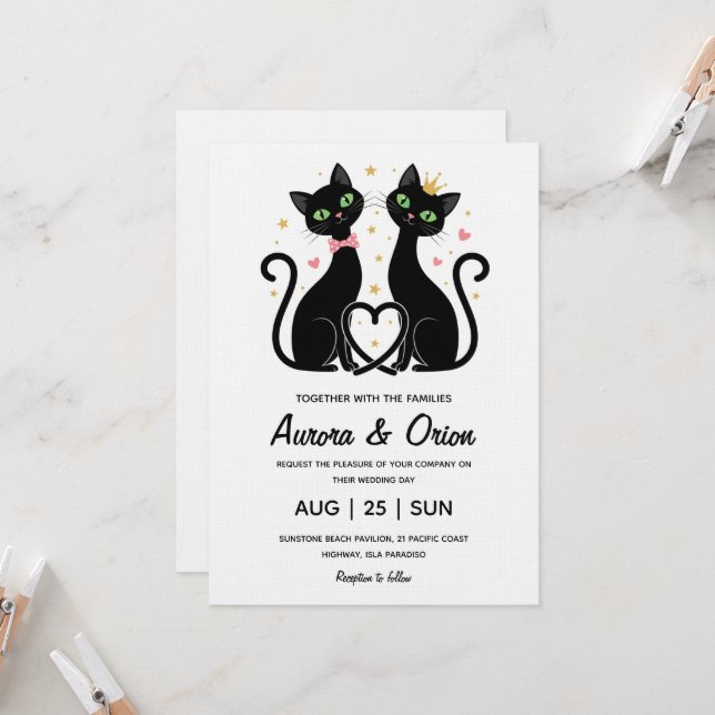 Convite de casamento de gato preto elegante (Frente/Verso In Situ)