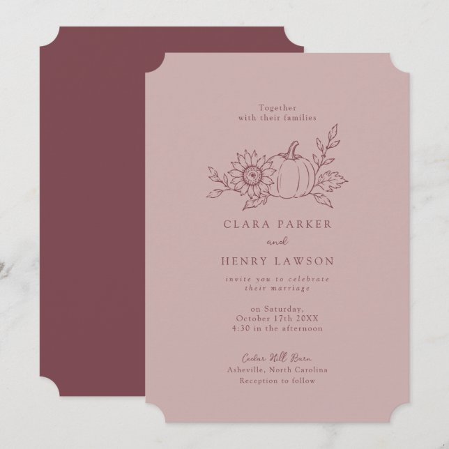 Convite de Casamento de Girassol e Abóbora Rosa Em (Frente/Verso)