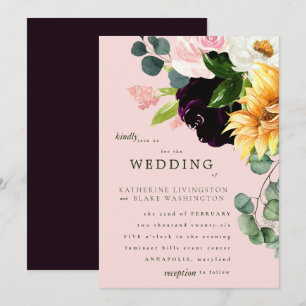 Convite de Casamento de Girassol Rosa e Borgonha