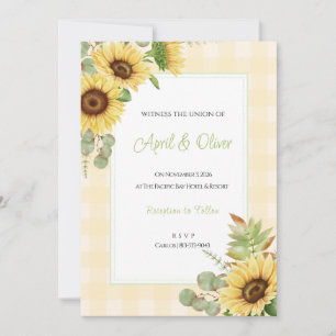 Convite de Casamento de Girassol Xadrez Amarelo