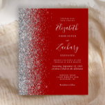 Convite De Casamento De Glitter De Prata Da Crimso<br><div class="desc">A borda esquerda deste elegante convite de casamento moderno apresenta uma borda falsa de prata. O texto personalizável combina a escrita manual de cinzas prateadas pálidas,  fontes copperplate e itálico em um fundo vermelho crítico. O verso apresenta um design vermelho e prateado correspondentes.</div>