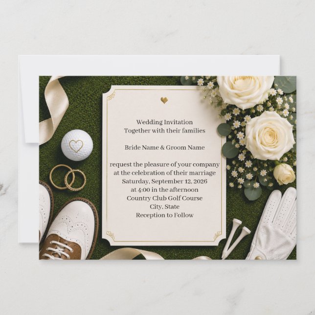 Convite de Casamento de Golfe com Rosas Brancas  (Frente)
