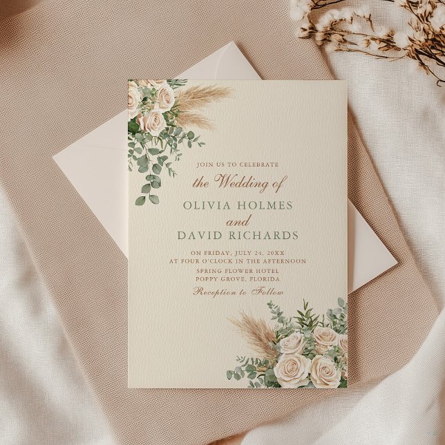 Convite de Casamento de Grama das Pampas Bege Eleg (Boho Pampas Grass & White Rose Wedding Invitation with envelope on an elegant wedding table)