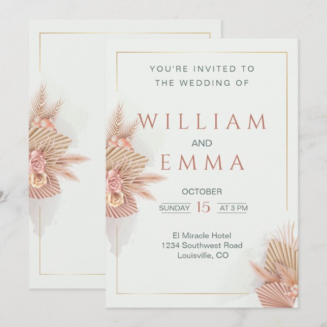 Convite de Casamento de Grama de Pampas Boho Moder (Frente/Verso)