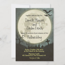 Convite de casamento de Halloween com lua, cemitér