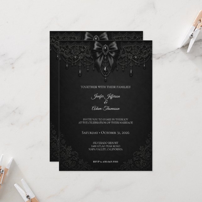 Convite de Casamento de Halloween Gótico com Laço  (Frente/Verso In Situ)