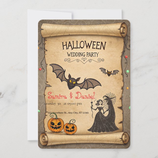 Convite de Casamento de Halloween Vintage em Perga (Frente)