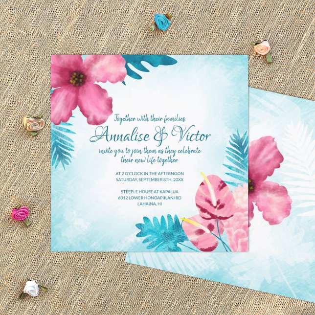 Convite De Casamento De Hibiscus Tropical Rosa Tro (turquoise and pink tropical wedding invitation card, pink Hawaiian hibiscus and gumdrop flowers)