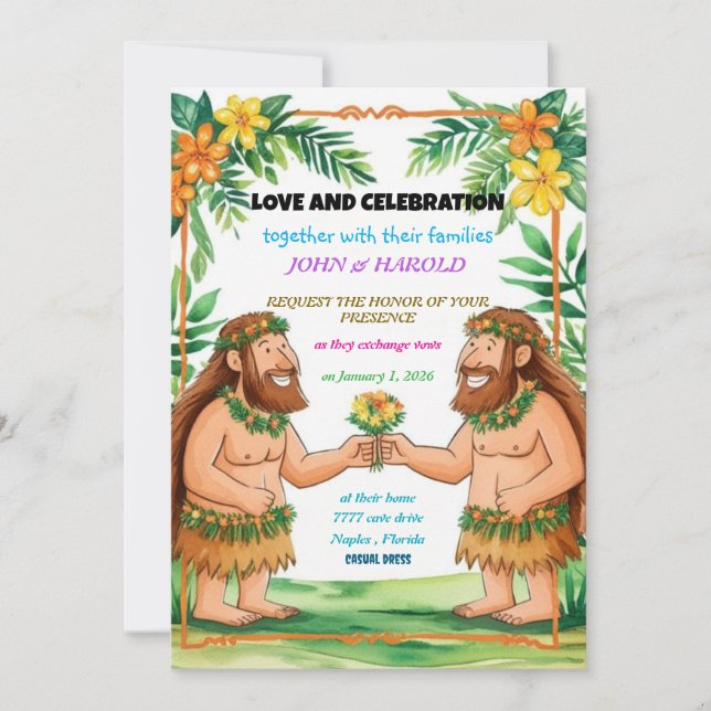convite de casamento de homens das cavernas gay (Frente)