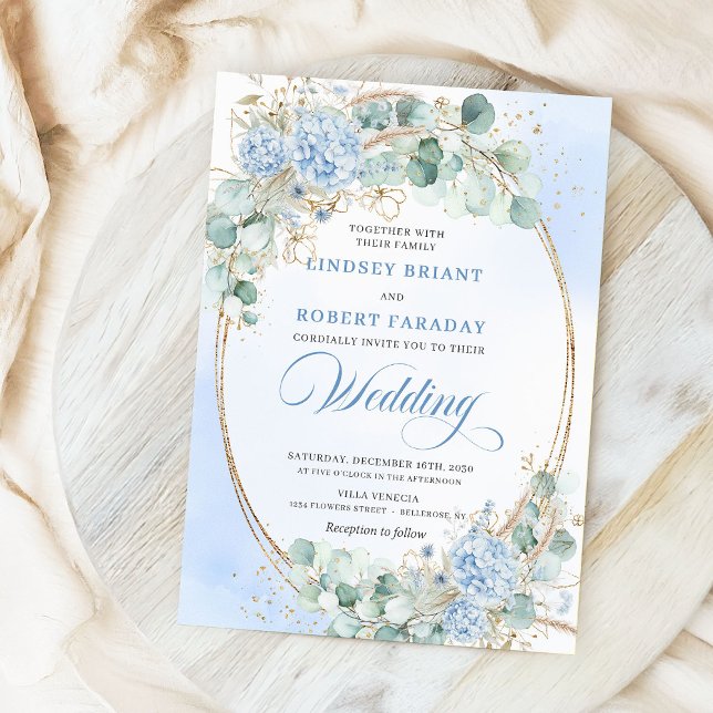 Convite de Casamento de Hortênsia Eucalipto Azul A (Timeless Blue Hydrangea Eucalyptus Wedding Invitation)